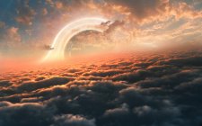 Illustration of black hole seen from above clouds of orbiting planet. — Stock Photo
