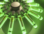 Iluminación verde de la centrifugadora con tubos de ensayo de riesgo biológico, ilustración digital de investigación biológica . - foto de stock