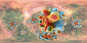 Hepatitis-B-Viruspartikel im 360-Grad-Rundumblick, farbige digitale Illustration. — Stockfoto
