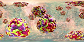 Colorful rhinovirus particles in 360-degree panorama view, digital illustration. — Stock Photo
