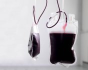 Donor blood being separated into component parts in bags. — Stock Photo