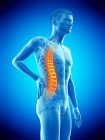 Seitenansicht des männlichen Körpers mit Rückenschmerzen auf blauem Hintergrund, konzeptionelle Illustration. — Stockfoto