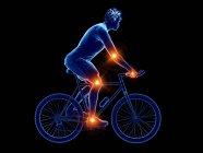 Silhouette cycliste avec des lieux de douleurs articulaires, illustration conceptuelle par ordinateur . — Photo de stock