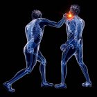 3d digital illustration of two abstract men boxing with glowing punch point on black background. — Stock Photo