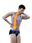 Dobrar o corpo masculino com dor nas costas, ilustração conceitual . — Fotografia de Stock