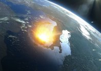 Illustration of large asteroid colliding with modern Earth in Mediterranean Sea, asteroid impact concept. — Stock Photo