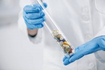 Scientifique pharmaceutique mains tenant verre de laboratoire rempli de pilules colorées
. — Photo de stock