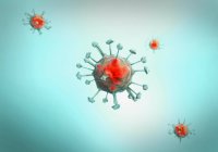 Partículas de virus rojo con receptores sobre fondo azul . - foto de stock