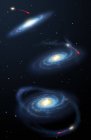 Sequência mostrando galáxia anã, como Anã Sagitário encontrando Via Láctea, subsequente perturbação e distorção
. — Fotografia de Stock