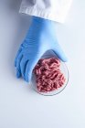 Вчений тримає страву Петрі зі штучним м'ясом, концептуальний образ культивованого м'яса, вирощеного в лабораторії . — стокове фото