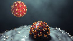 Masernviren-Partikel, die aus Zellen austreten, digitale Illustration. — Stockfoto