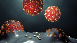 Partículas de vírus do sarampo brotando de células, ilustração digital . — Fotografia de Stock