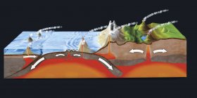 Поперечное сечение с субдукцией и тектоникой плит, цифровая иллюстрация . — стоковое фото