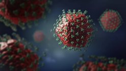 Illustration 3D de particules de virus de couleur rouge avec des récepteurs . — Photo de stock