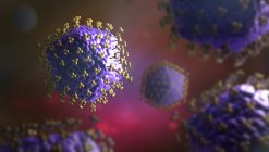 Ilustración 3d de partículas de virus de color azul con receptores . - foto de stock