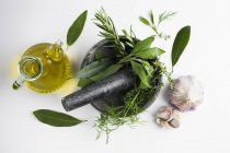 Mortaio e pestello con aglio ed erbe aromatiche e olio d'oliva . — Foto stock