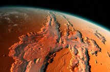 Illustration of an oblique view of the giant Valles Marineris canyon system on Mars. The Valles Marineris is over 3000 kilometres long and up to 8 kilometres deep, dwarfing the Grand Canyon of Arizona, USA — Stock Photo