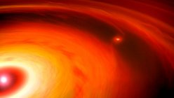 Obra de un planeta gigante gaseoso, formándose en un disco de acreción alrededor de una estrella. El planeta (derecha) ha despejado un hueco en el disco, ya que absorbe gas y polvo de su entorno. Júpiter y Saturno se cree que se han formado de esta manera. - foto de stock