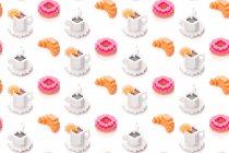 Cups of coffee, croissants and donuts, illustration. — Stock Photo