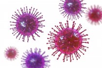 Partículas de coronavirus, ilustración por computadora. Diferentes cepas de coronavirus son responsables de enfermedades como el resfriado común, gastroenteritis y SARS (síndrome respiratorio agudo grave) - foto de stock