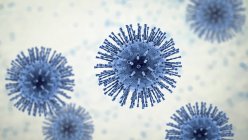 Partículas de coronavirus, ilustración por computadora. Diferentes cepas de coronavirus son responsables de enfermedades como el resfriado común, gastroenteritis y SARS (síndrome respiratorio agudo grave) - foto de stock