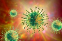 Coronavirus-Partikel, Computerillustration. Verschiedene Coronavirus-Stämme sind für Krankheiten wie Erkältung, Gastroenteritis und SARS (schweres akutes Atemwegssyndrom) verantwortlich.) — Stockfoto