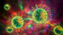 Coronavirus particles, computer illustration. Different strains of coronavirus are responsible for diseases such as the common cold, gastroenteritis and SARS (severe acute respiratory syndrome) — Stock Photo