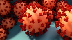 Particelle di coronavirus, illustrazione del computer. Diversi ceppi di coronavirus sono responsabili di malattie come il raffreddore comune, gastroenterite e SARS (sindrome respiratoria acuta grave) — Foto stock