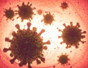Ковід-19, Коронавірус. Кілька вірусів коїд-19 інфікують людський організм. Концептуальне зображення вірусу в людських клітинах.. — стокове фото