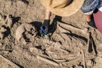 Archeologo che scava antichi resti umani in un sito archeologico. — Foto stock