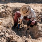 Excavaciones arqueológicas. Joven arqueólogo excavando parte del esqueleto humano y el cráneo desde el suelo. - foto de stock