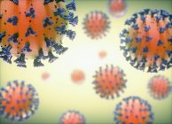 Covid-19 Coronavirus-Partikel, Abbildung. Das neue Coronavirus SARS-CoV-2 (zuvor 2019-CoV) tauchte im Dezember 2019 im chinesischen Wuhan auf. Das Virus verursacht eine leichte Atemwegserkrankung (Covid-19), die sich zu einer Lungenentzündung entwickeln kann — Stockfoto