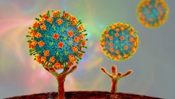 Illustration of Nipah viruses binding to receptors on human cells, an initial stage of Nipah infection. Nipah virus is zoonotic (transmitted to humans from animals) and was first found in Malaysia and Singapore — Stock Photo