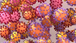Концептуальная иллюстрация вариантов коронавируса SARS-CoV-2 с прикреплёнными к нему белками-шипами. — стоковое фото