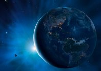 Ilustración de la Tierra y la Luna mostrando una gran proporción del planeta en la oscuridad. Las ciudades se ven brillando, definiendo los bordes de los continentes - foto de stock