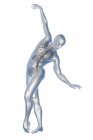 Анатомія танцюриста, комп'ютерна ілюстрація. Чоловік в балетній позі з підсвіченим скелетом, що показує скелетну активність в балетних танцях . — стокове фото