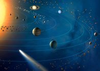 Obra de arte del sistema solar, que muestra los caminos de los ocho planetas principales mientras orbitan el Sol, así como Plutón y Eris, que son planetas enanos. Los cuatro planetas interiores son, de interior a exterior, Mercurio, Venus, Tierra y Marte - foto de stock