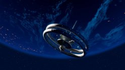 L'hôtel spatial. Oeuvre d'un hôtel spatial futuriste en orbite terrestre. La structure est circulaire et tourne à une vitesse telle qu'elle procure une gravité artificielle à ses habitants. — Photo de stock