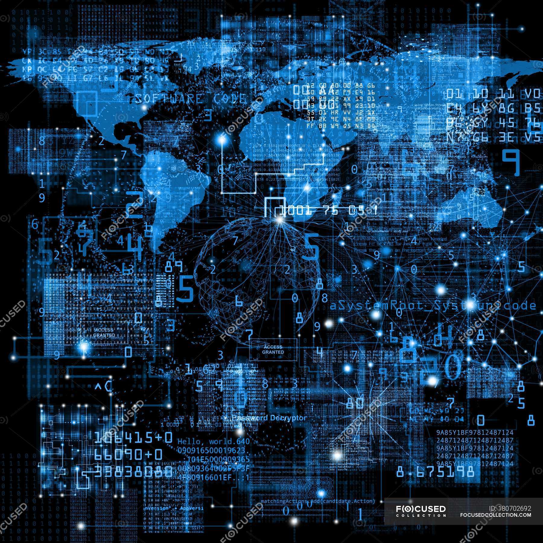 Abstract illustration of data network pattern with words and numbers ...