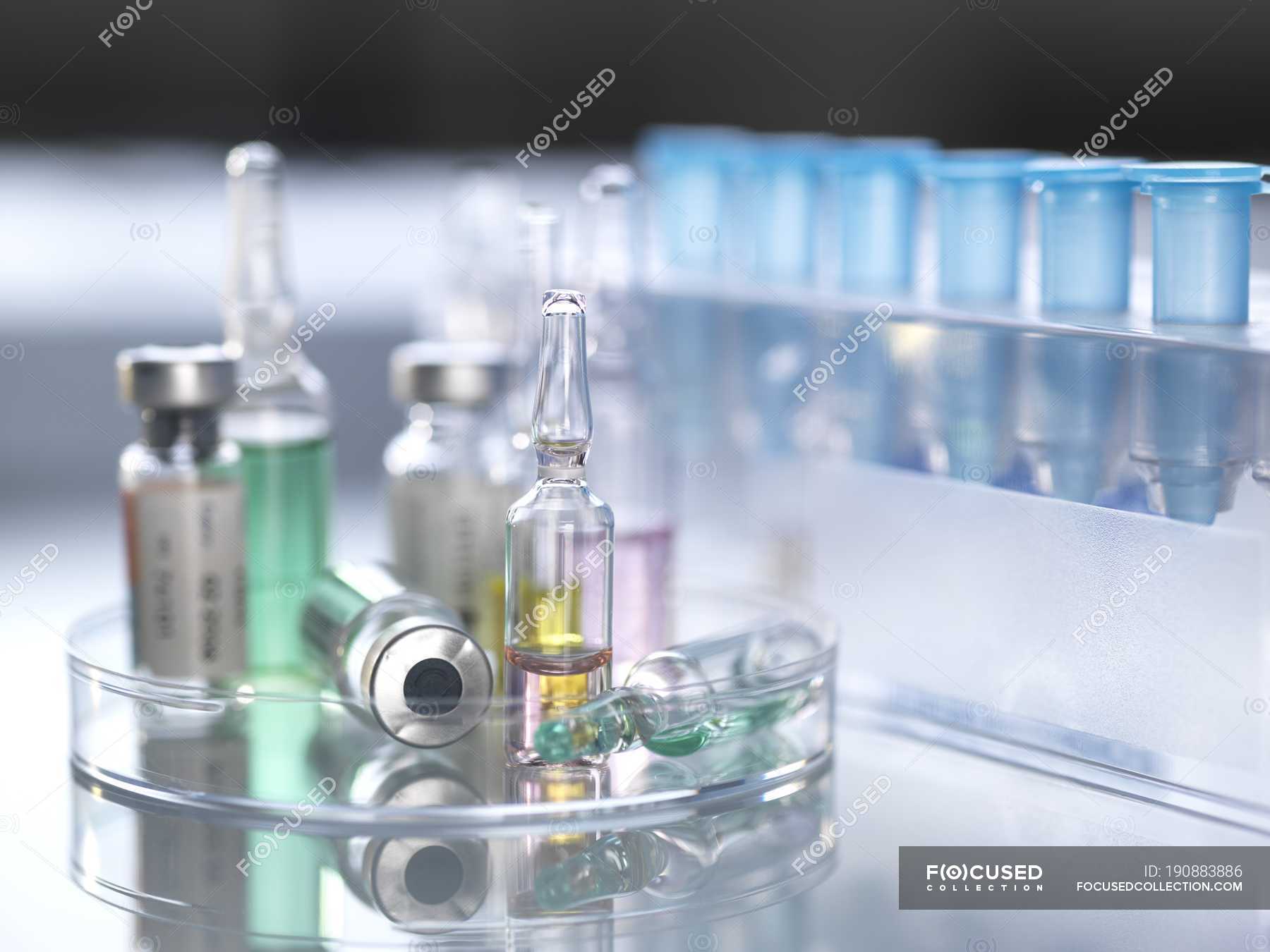 Variety of potential drugs in pharmaceutical vials and test tubes