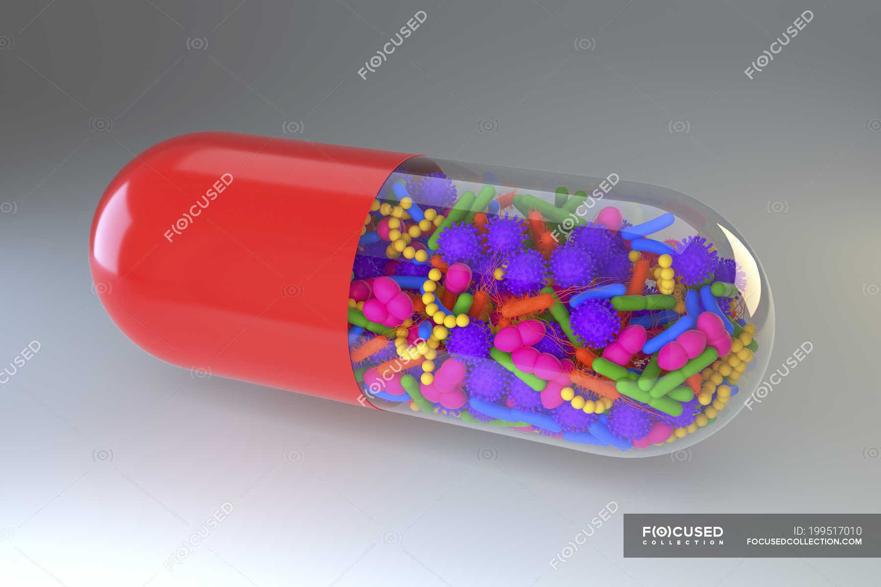 Conceptual illustration of human microbiome microbes inside capsule. — biology,