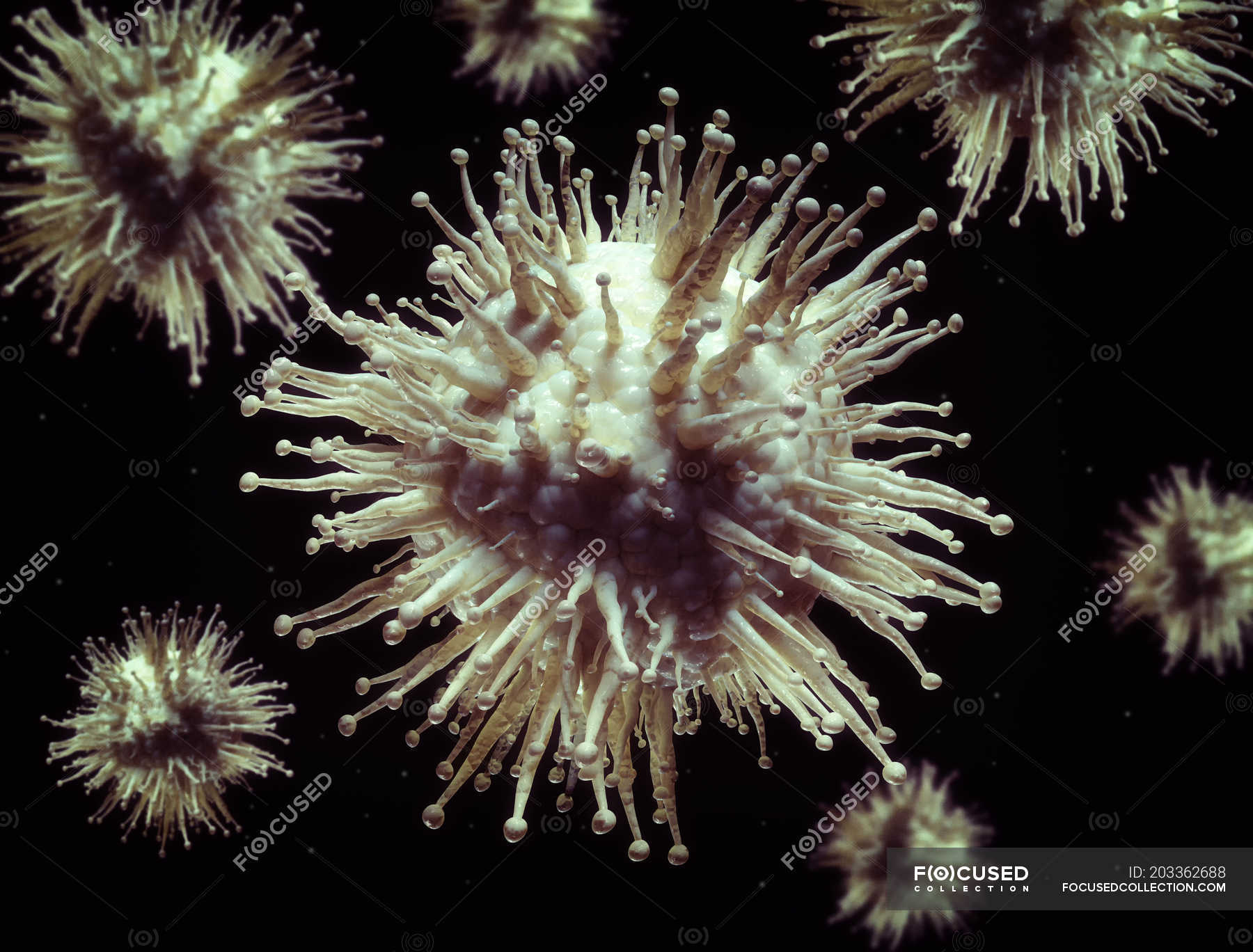 Digital illustration of virus particles on plain background. — flu