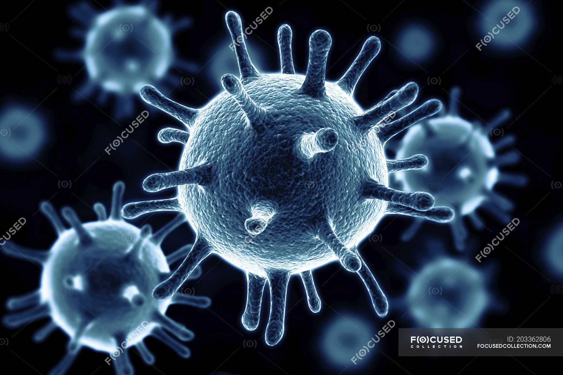 Digital illustration of blue virus particles on black background. — artwork, microbiological - Stock Photo | #203362806