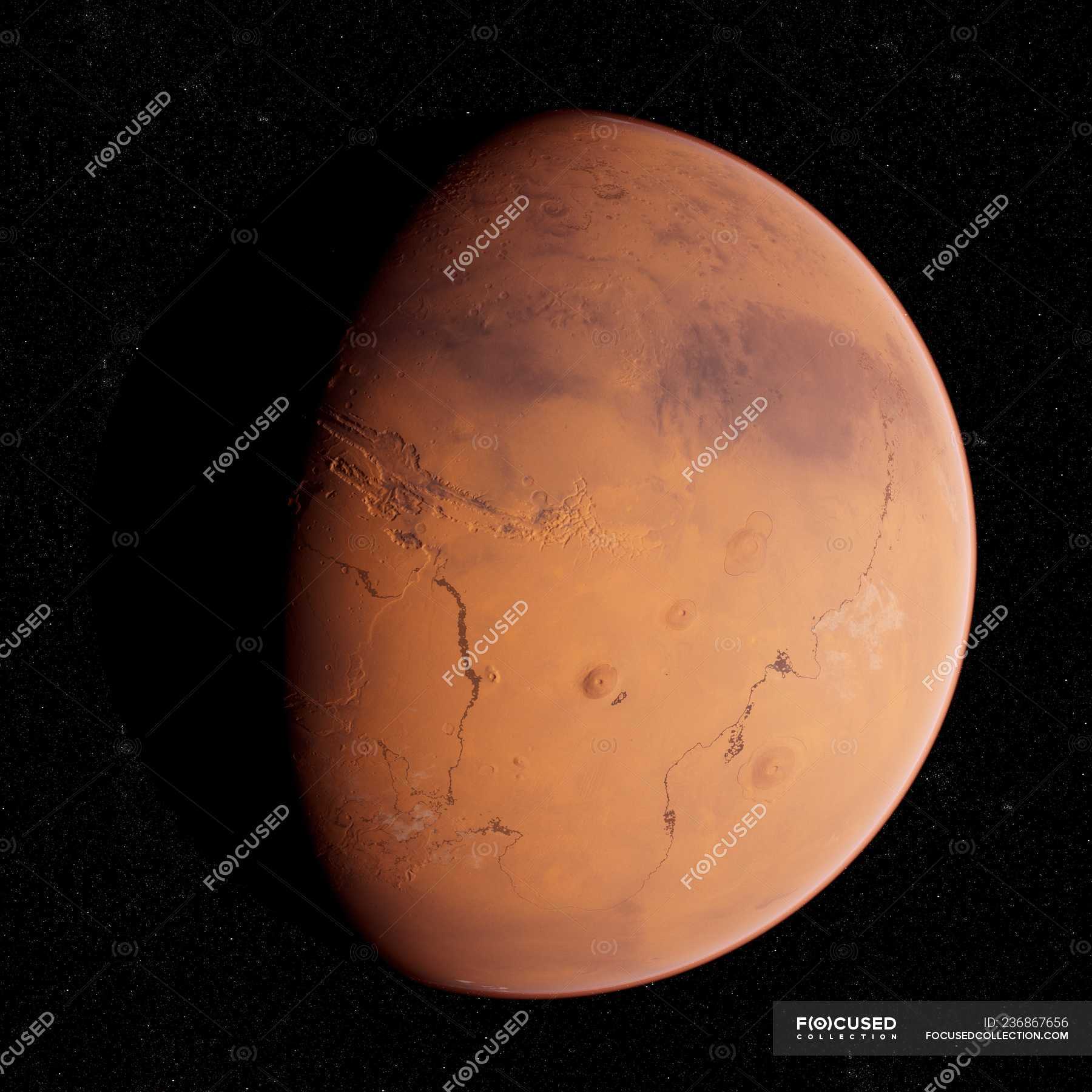 Illustration Of Mars Planet In Shadow On Black Background Discovery Technology Stock Photo 236867656