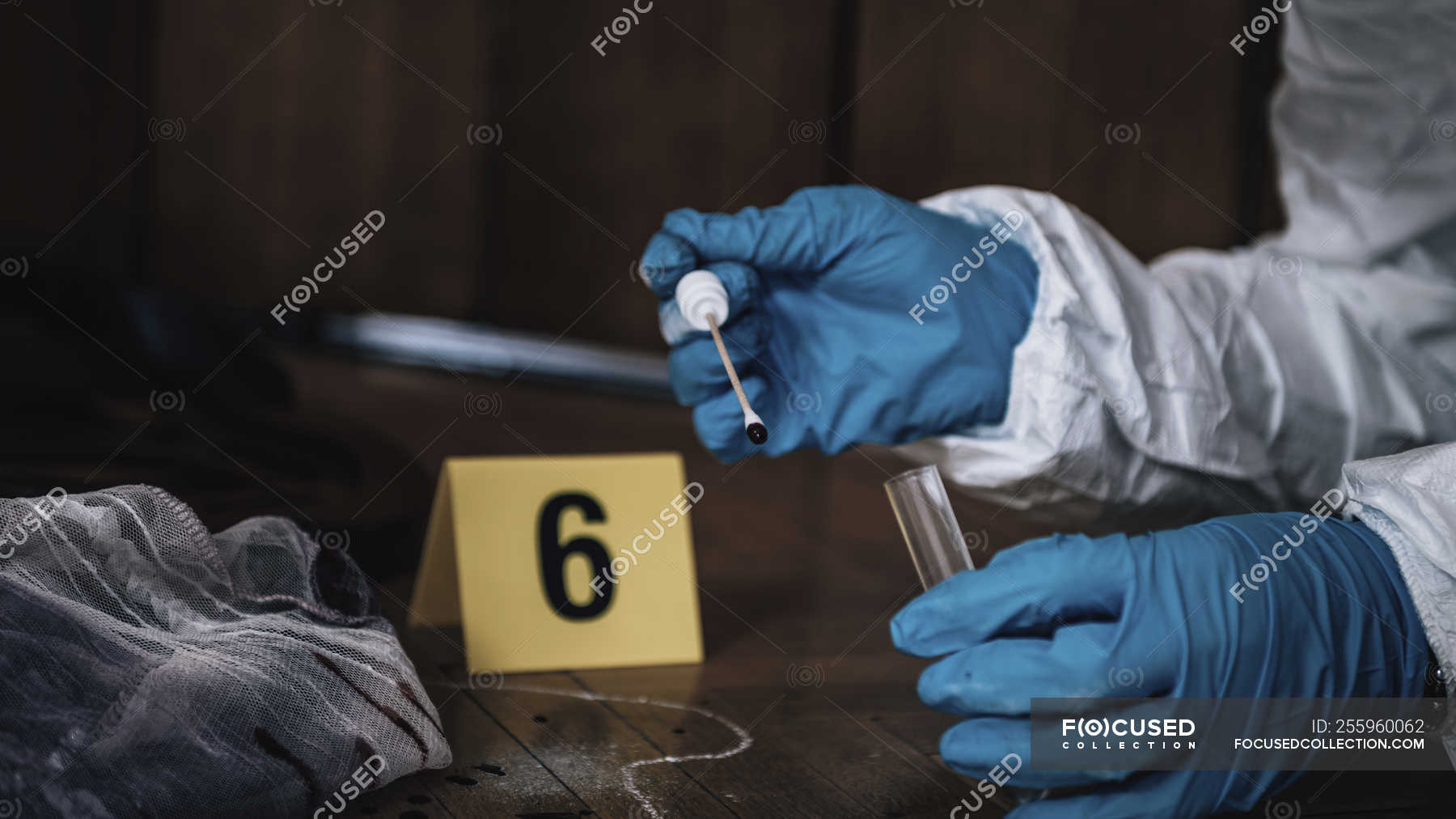 Forensics Expert Collecting Blood Sample From Crime Scene. — Cloth 