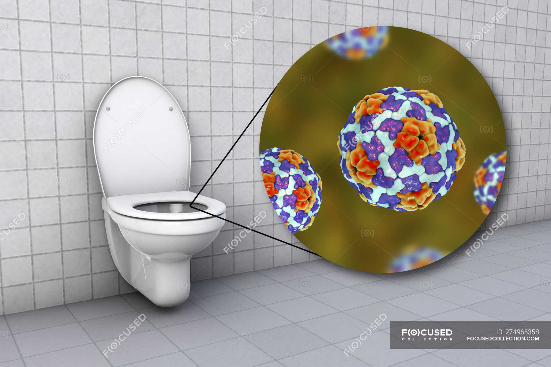 Toilet microbes on contaminated seat surface, conceptual digital