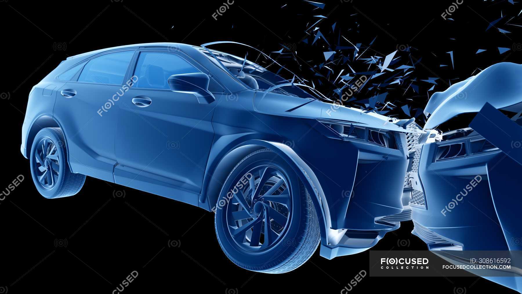 Vehicle damage while headon car crash, digital illustration. — Head on