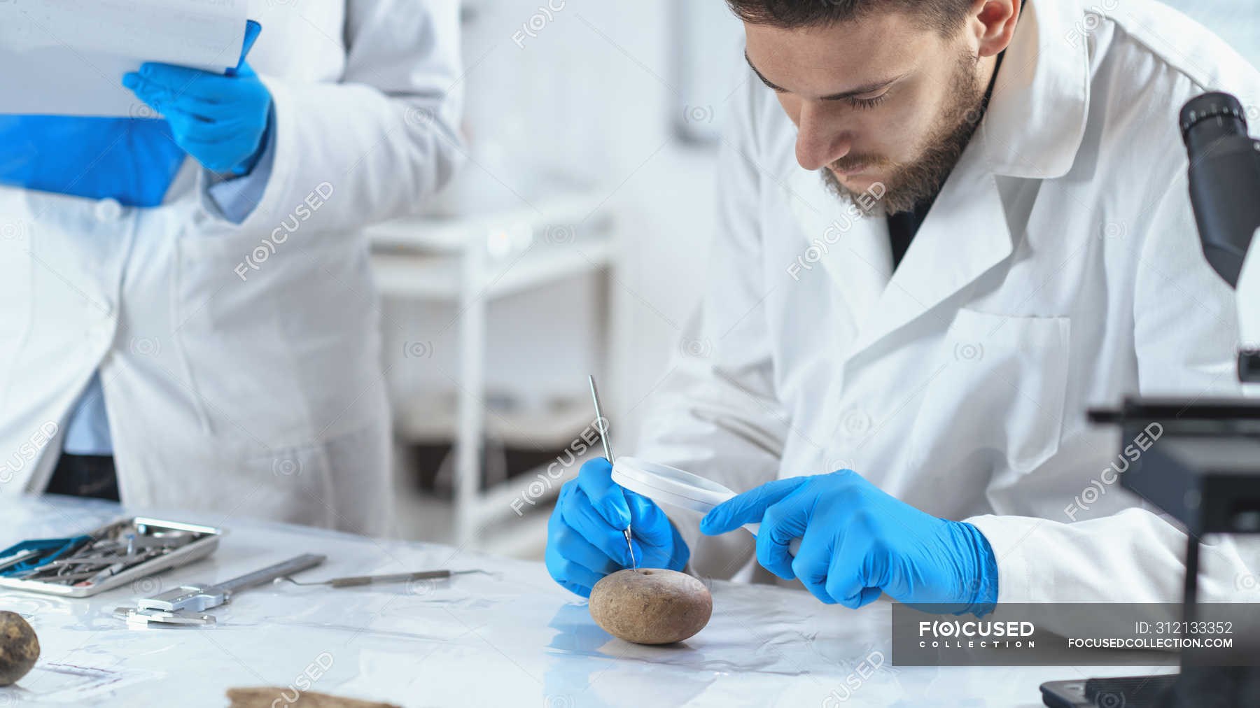 Archaeologist analyzing ancient artifact in laboratory