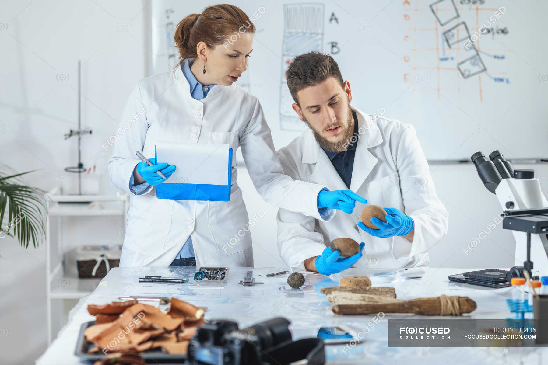 Archaeologists analyzing ancient artifacts in anthropology laboratory