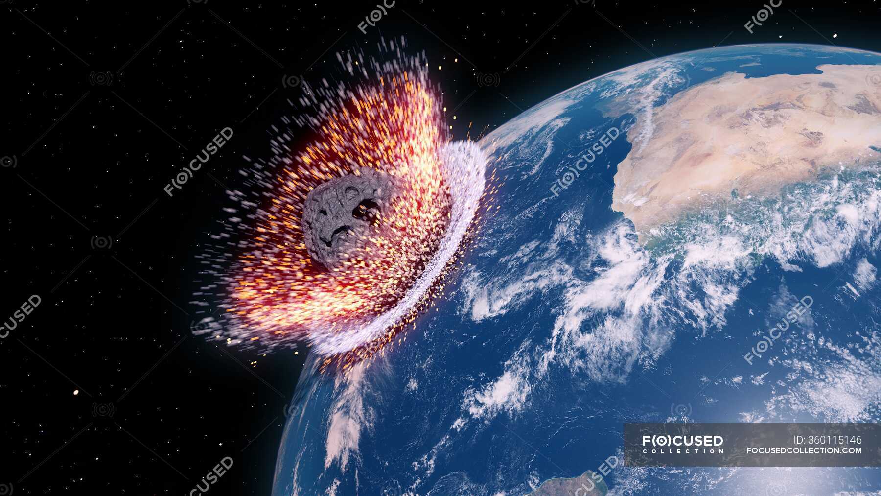 Asteroid Impacting Earth, Computer Illustration — Strike, Space - Stock ...